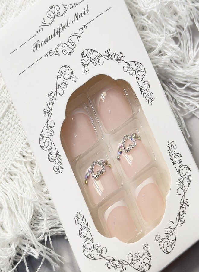 GRITOSE French Tip Press One Toe Nail for Women Fake Toenail with Rhinestones Designs Heart Glossy Fashion False Toenail Full Cover Acrylic Nail Art DIY Foot Nails Design Toenail Tips 24Pcs - Image 4